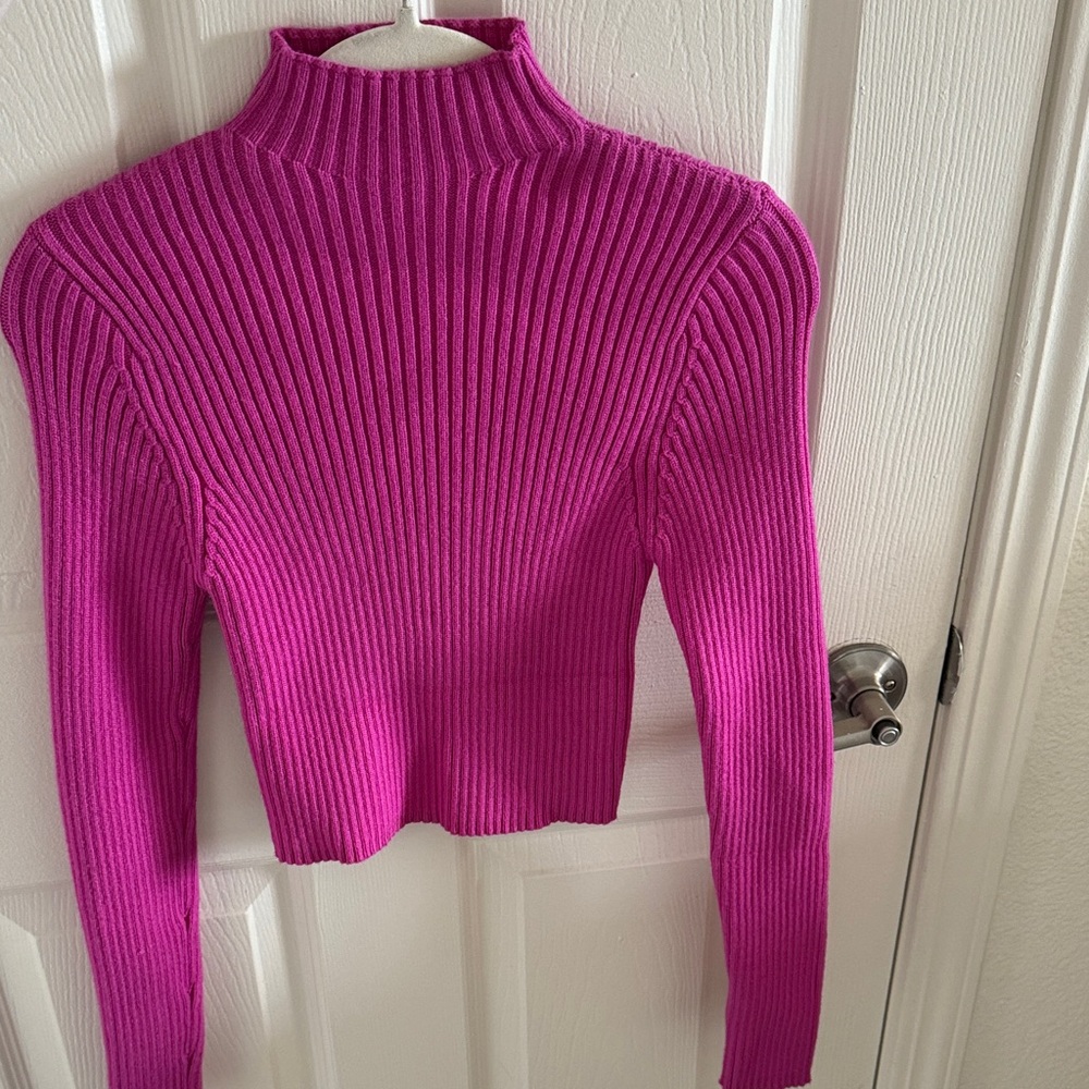 Zara Fuchsia Ribbed Knit Mock Neck Top